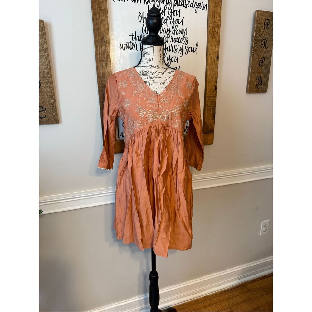 Rangmanch Women's Embroidered Sequin 3/4 Sleeve A-line Short Kurti  Peach Small